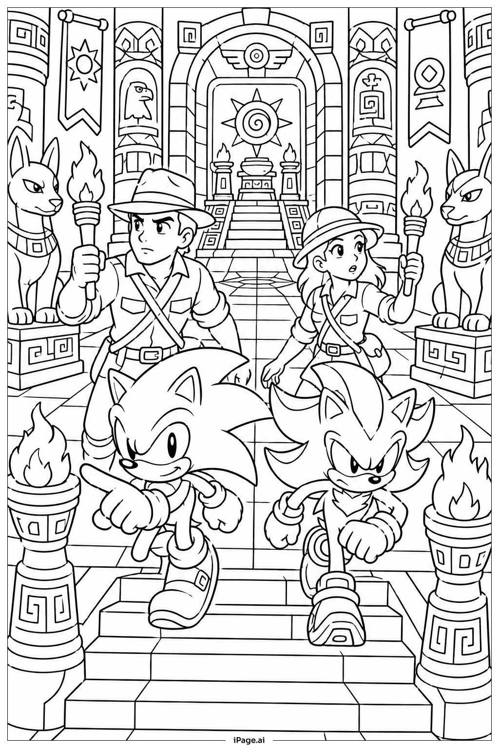 Página para colorear de Sonic y Shadow en el Templo Antiguo