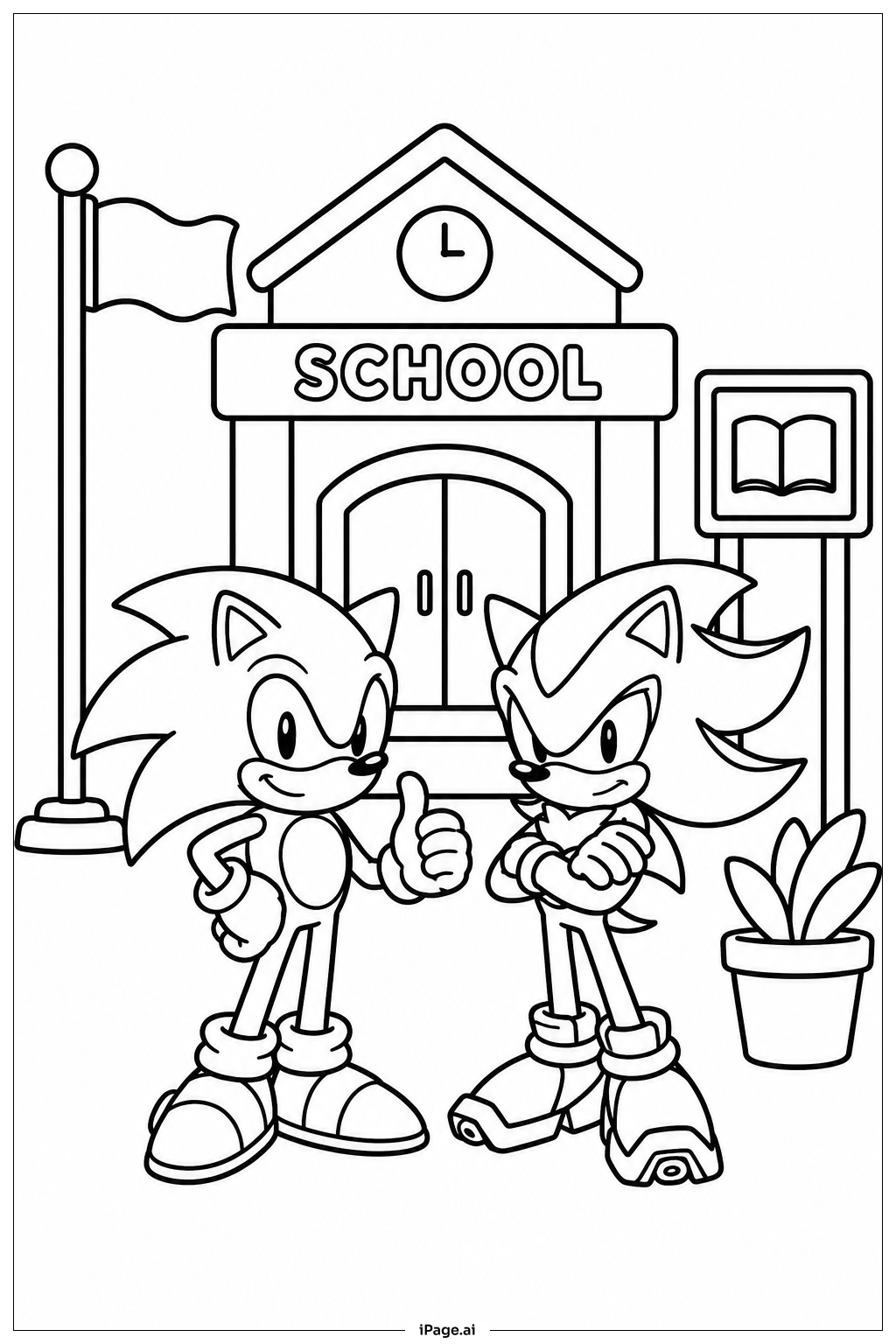 ソニックとシャドウの学校の塗り絵ページ