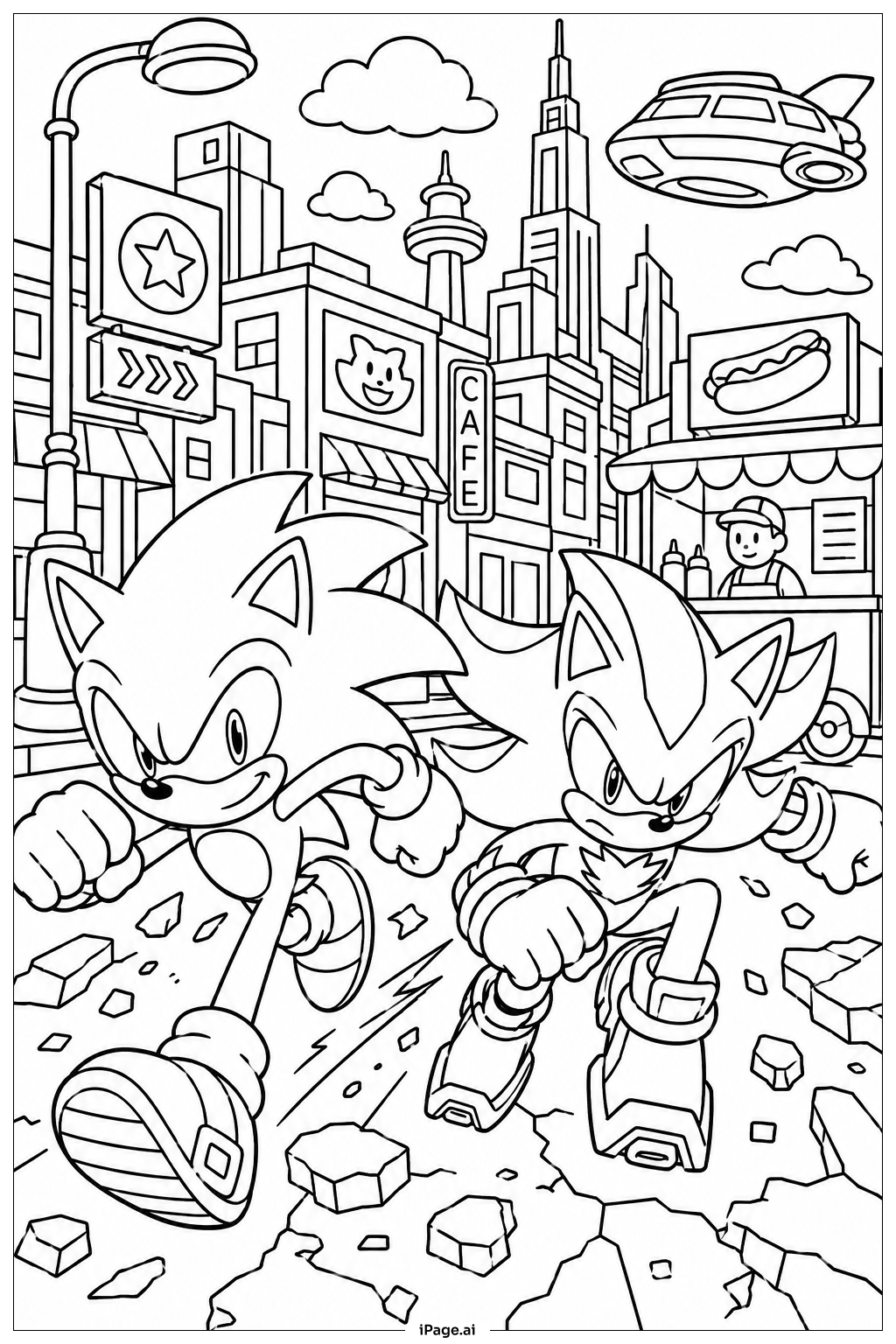 Página para colorir de Sonic e Shadow: Perseguição na Cidade