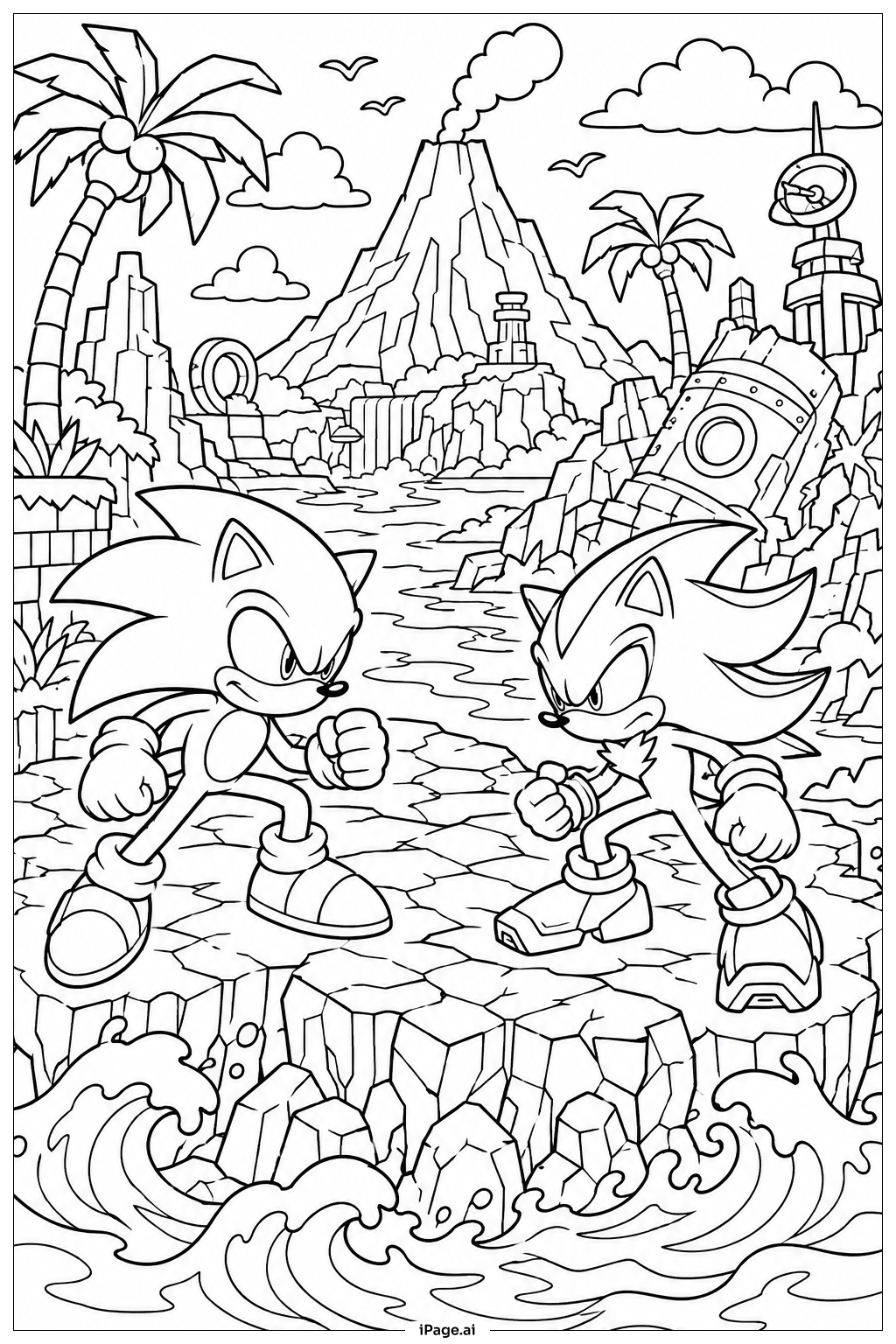 Página para colorir de Batalha de Sonic e Shadow na Ilha