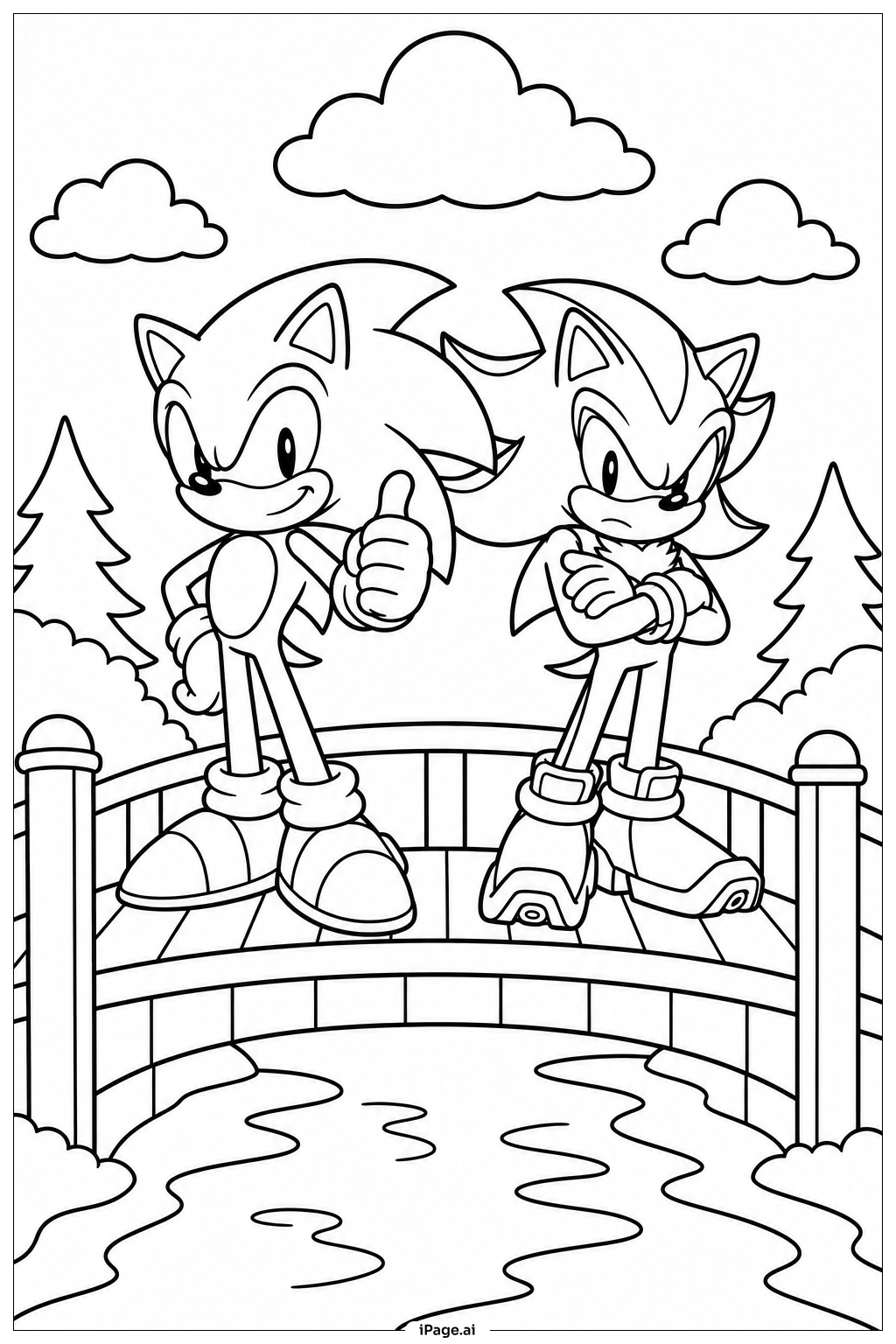 橋の上のソニックとシャドウの塗り絵ページ