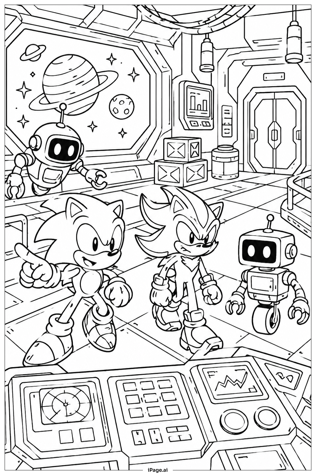 Página para colorir de Sonic e Shadow na Estação Espacial