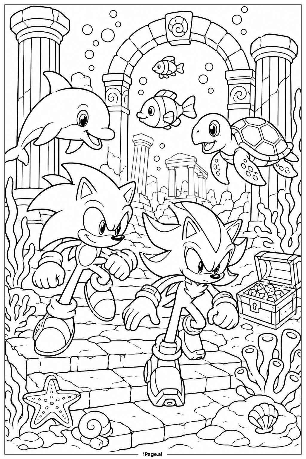 Page de coloriage Sonic et Shadow dans les Ruines Sous-Marines