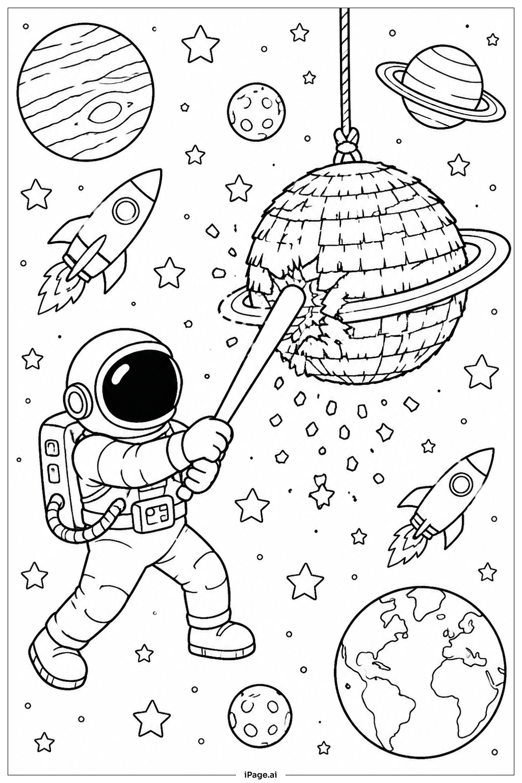 Página para colorear de Piñata Exploradora Espacial