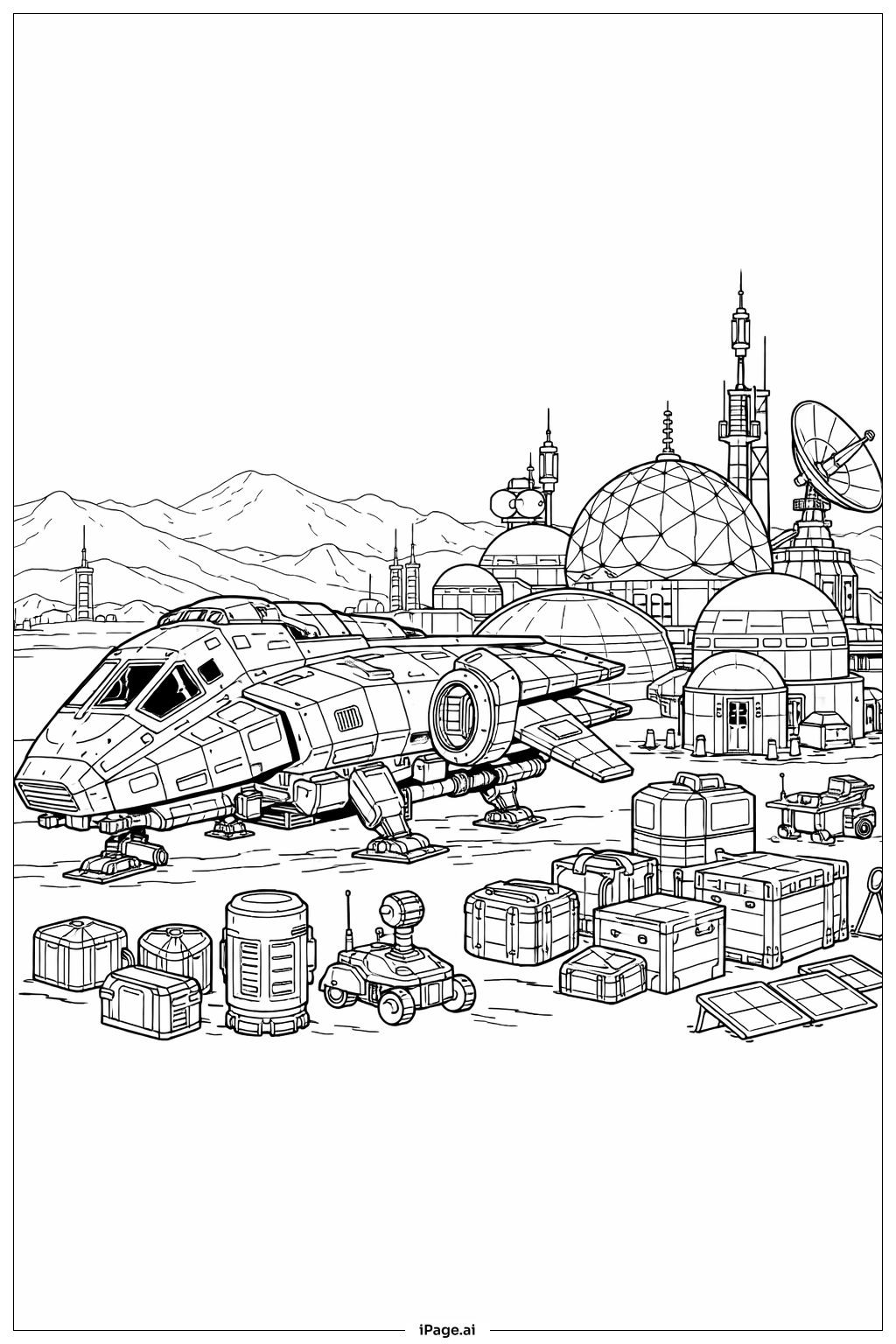 Spaceship and Planetary Research Base Coloring Page