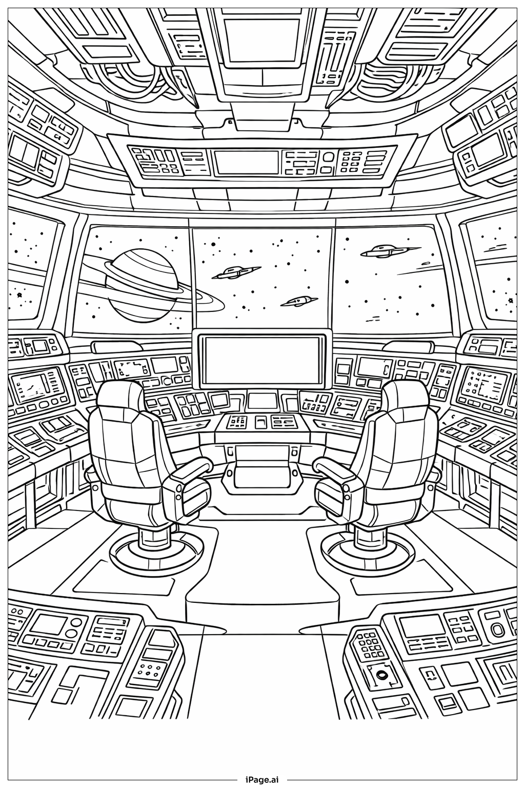 Spaceship Bridge Interior Scene Coloring Page