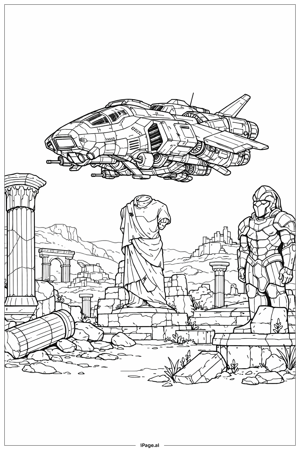  Página para colorear de Nave espacial explorando ruinas antiguas 