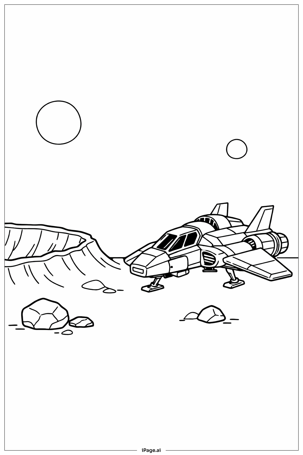 月のクレーターを探検する宇宙船の塗り絵ページ