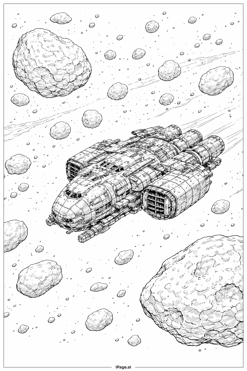 Page de coloriage Vaisseau spatial dans un champ d'astéroïdes 