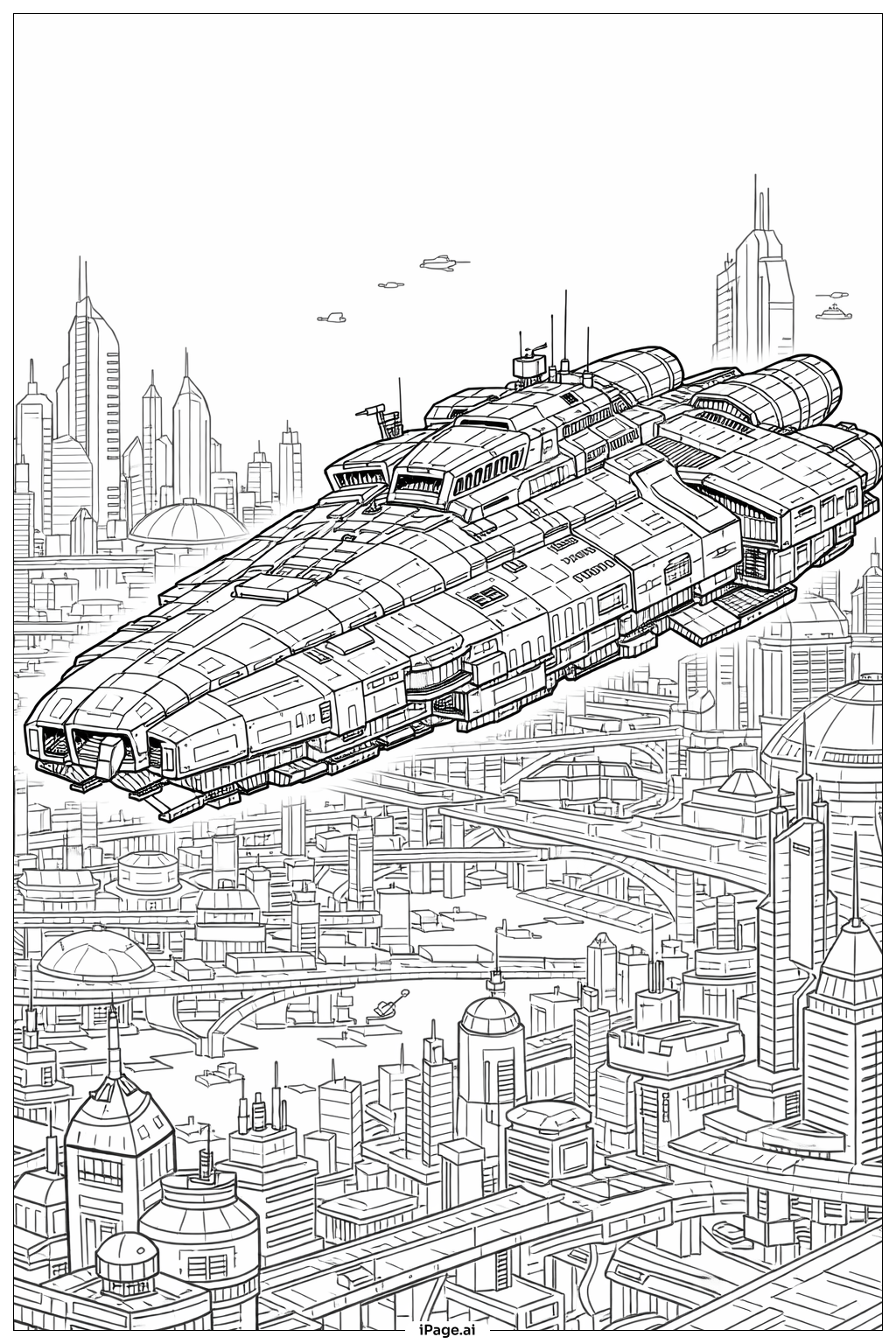  Spaceship Over Futuristic Metropolis Coloring Page 