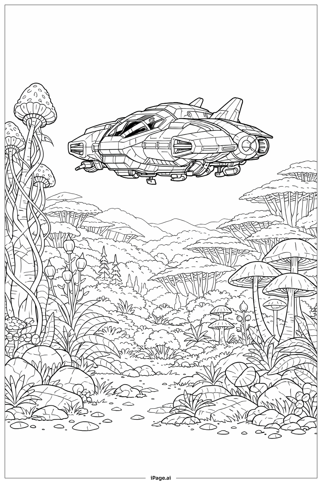 Spaceship Surveying Alien Forest Coloring Page