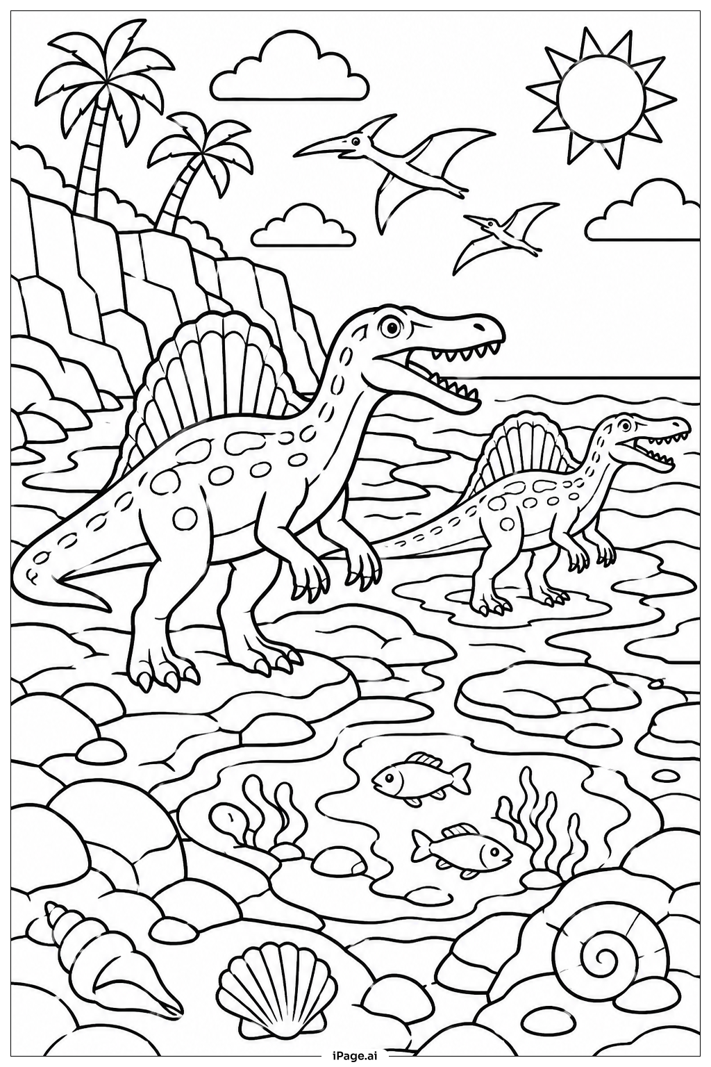 Página para colorear de Paisaje costero de Spinosaurus