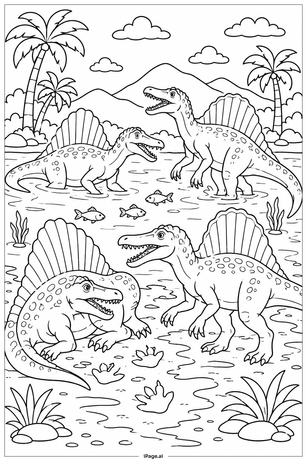 Página para colorear de Interacción de manada de Spinosaurus