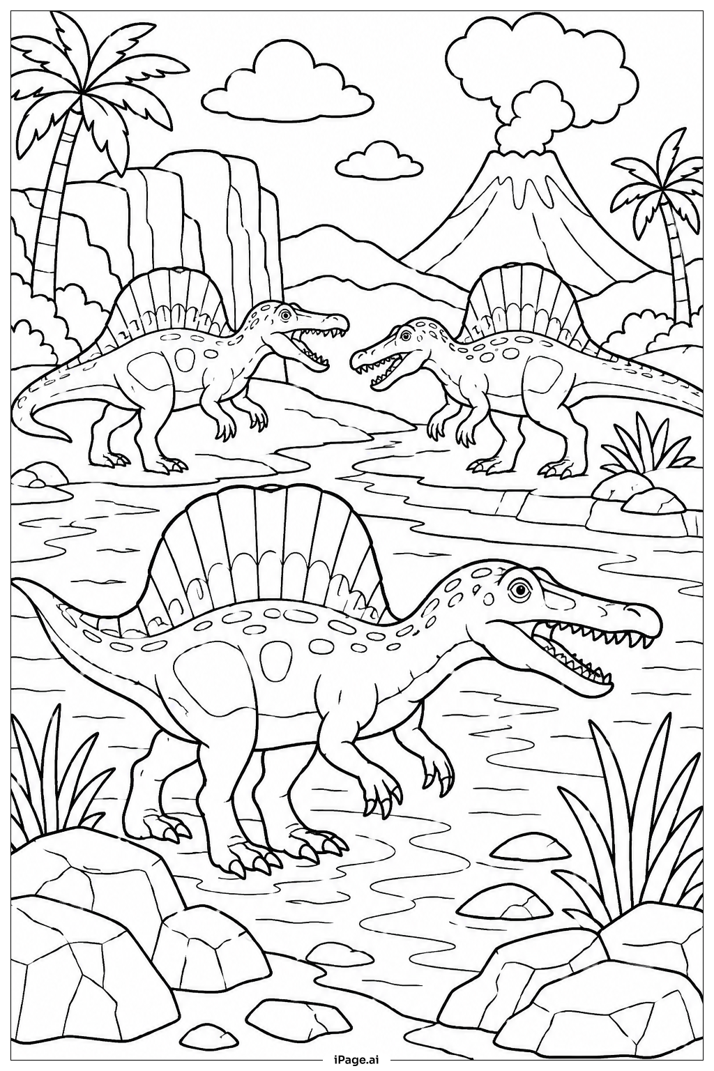Página para colorear de Spinosaurus Prehistoric Panorama