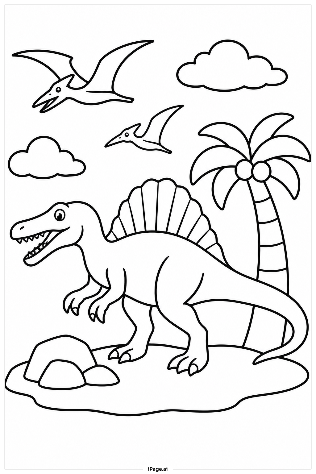 Página para colorear de Spinosaurus con pterosaurios