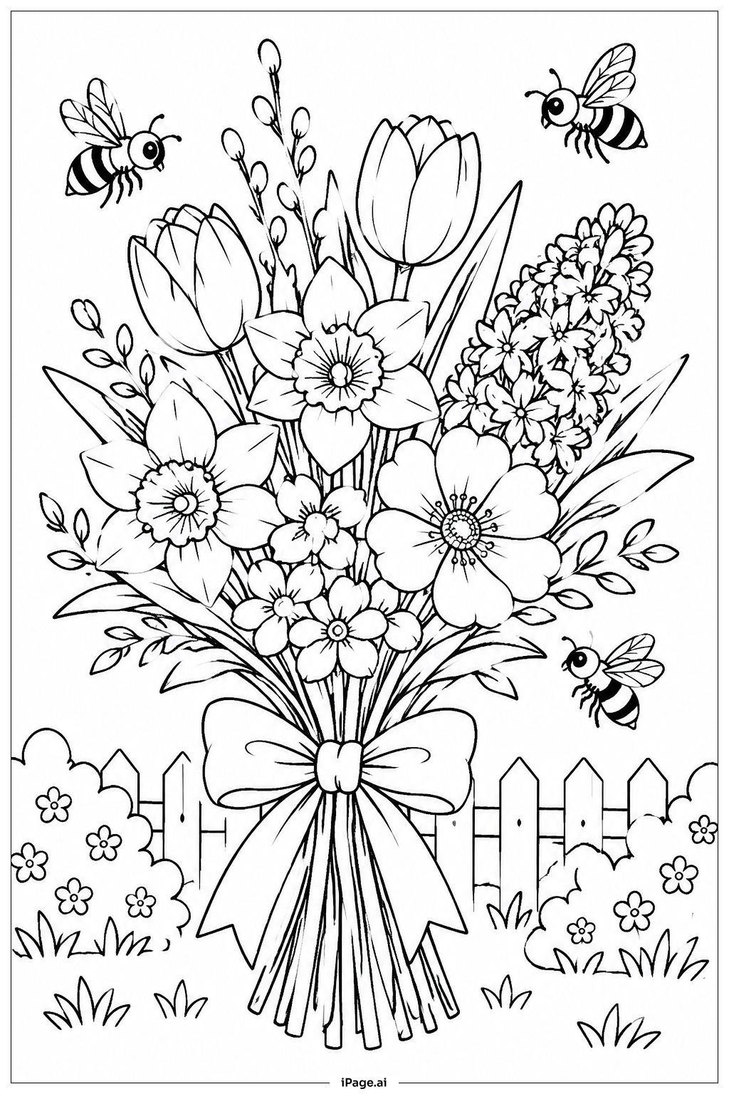 Spring Flower Bouquet With Bees Coloring Page