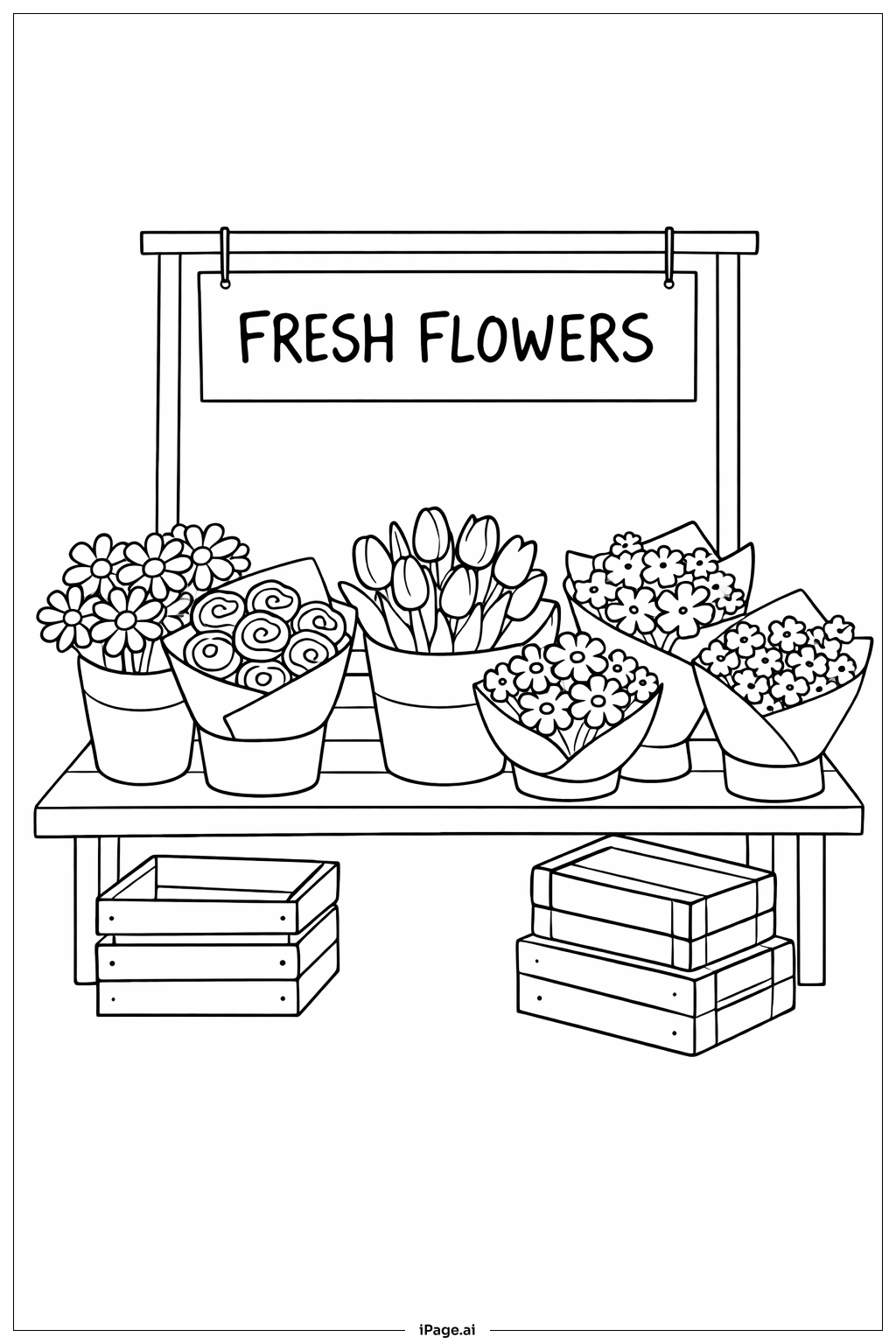  봄꽃 시장 가판대 색칠공부 페이지 