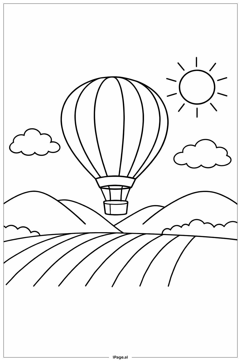  봄 들판 위의 열기구 색칠공부 페이지 