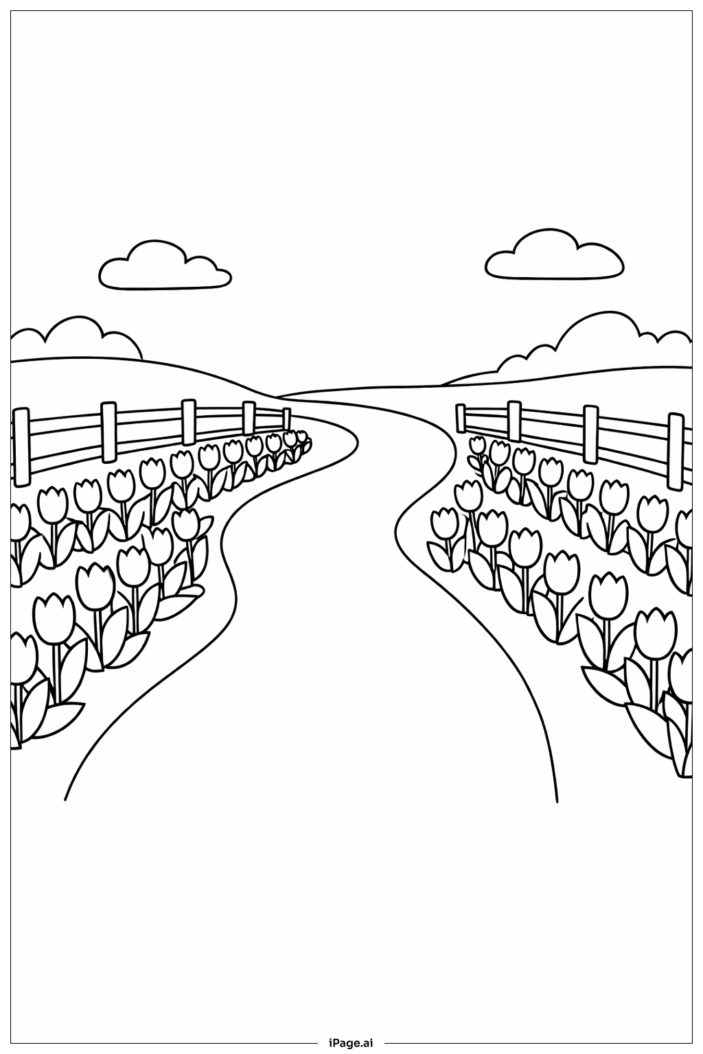  튤립으로 둘러싸인 봄길 색칠공부 페이지 