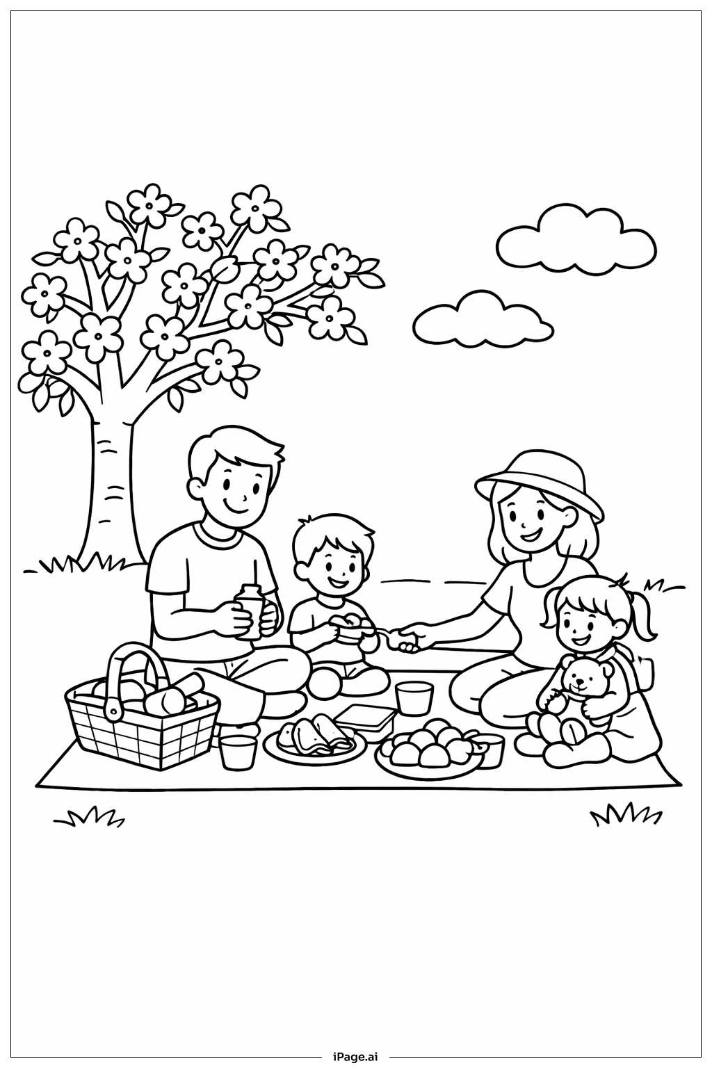  나무 아래에서 봄 소풍 색칠공부 페이지 
