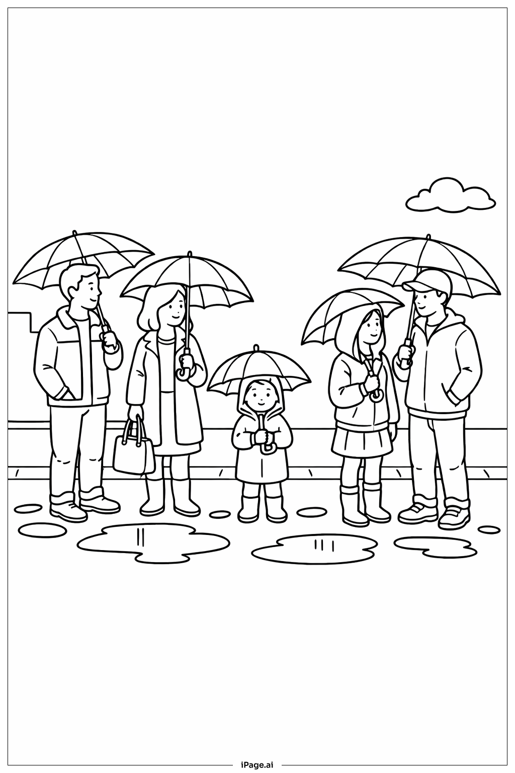  우산을 든 봄비 내리는 거리 색칠공부 페이지 