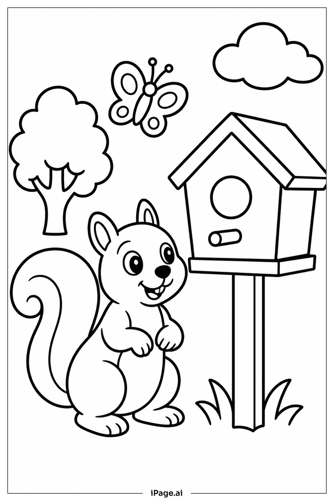 Squirrel And Birdhouse Coloring Page