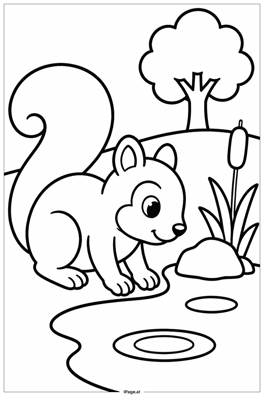 Squirrel At Forest Pond Coloring Page
