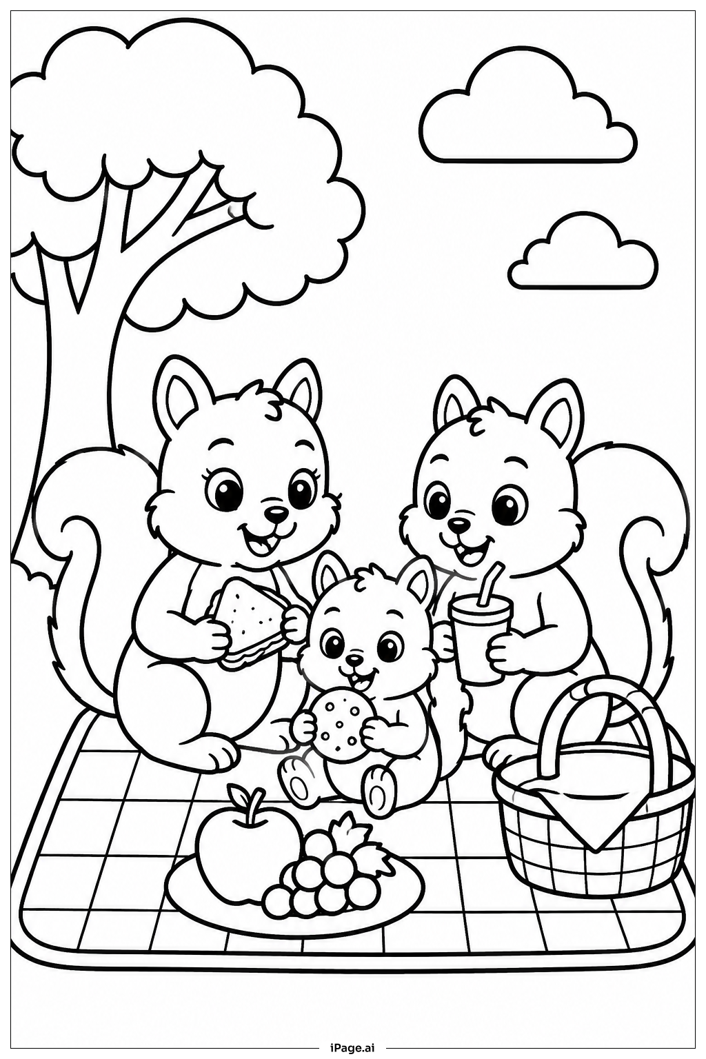 Squirrel Family Picnic Coloring Page
