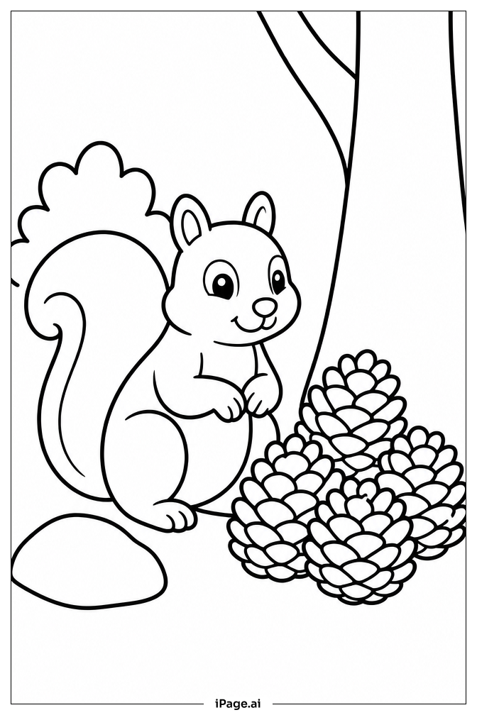 Squirrel Near Pinecone Pile Coloring Page