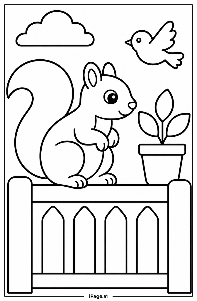 Squirrel On Fence Coloring Page