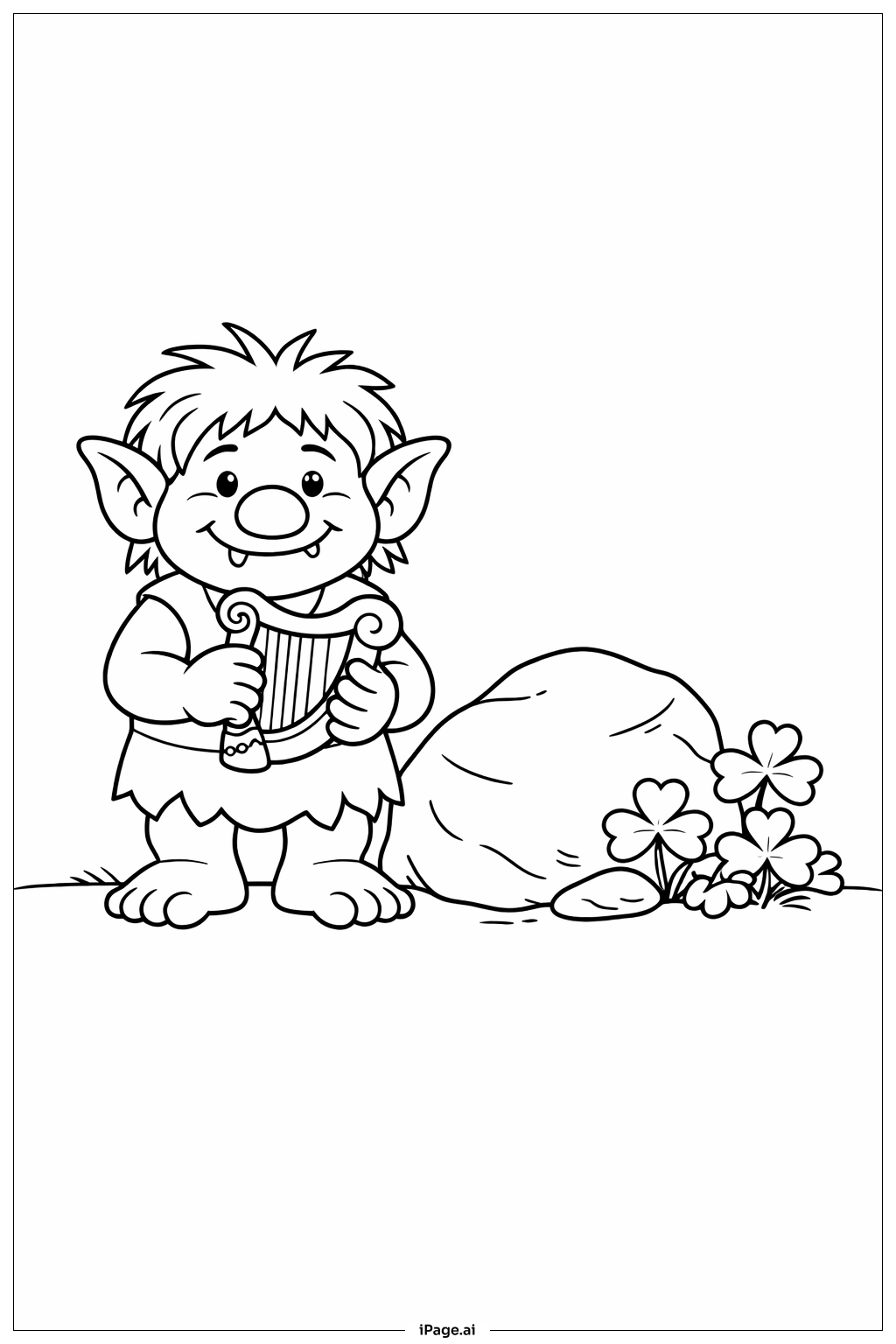 Page de coloriage Jour de la Saint-Patrick : Troll Amical avec Harpe