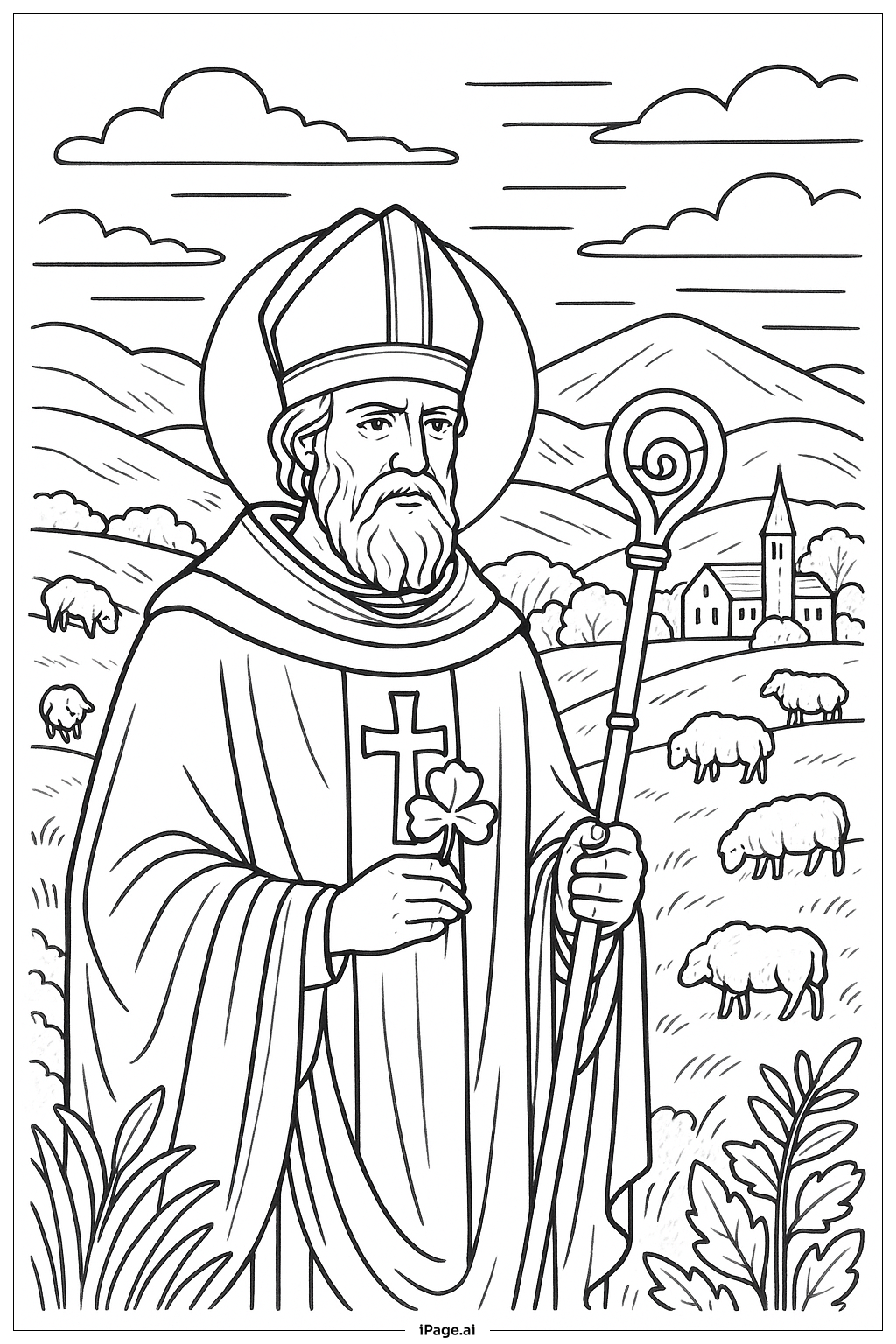  St. Patrick With Staff St. Patrick's Day Coloring Page 