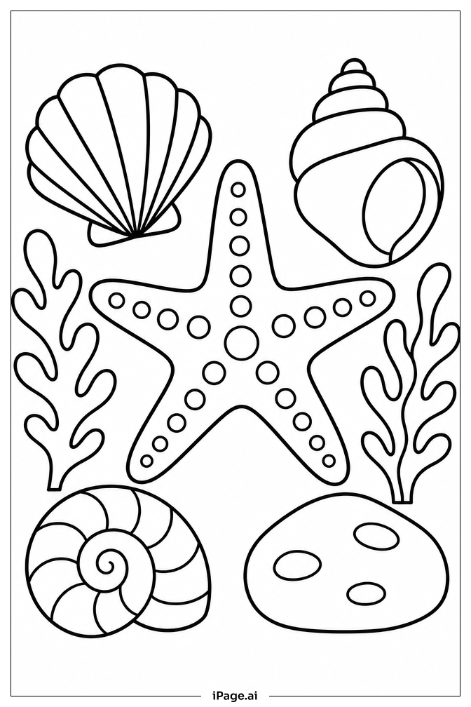 Starfish Among Shells Coloring Page