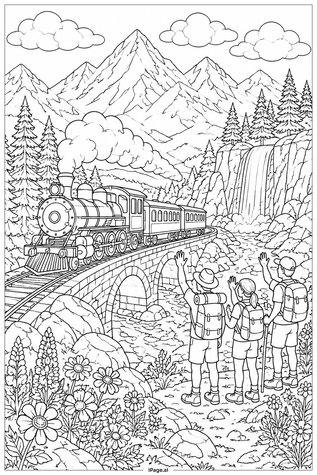 Steam Train In Mountain Valley Coloring Page
