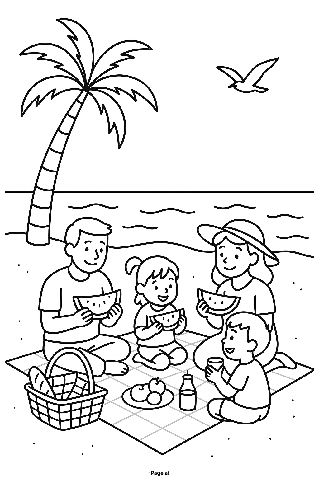  夏日海滩野餐填色页 