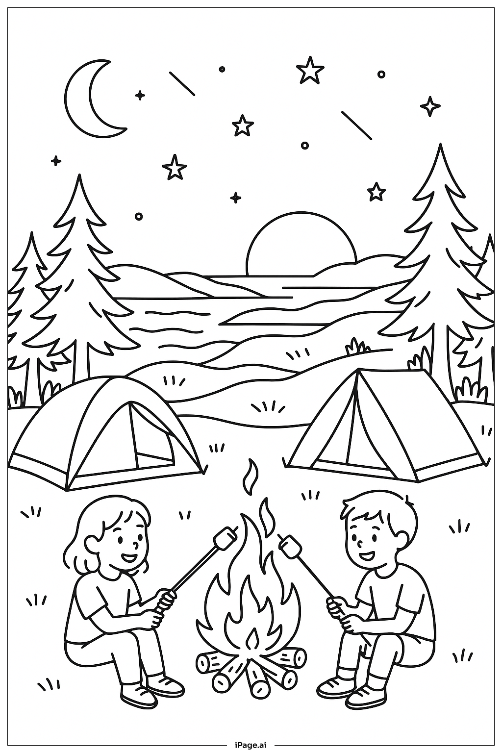  夏日海边露营填色页 