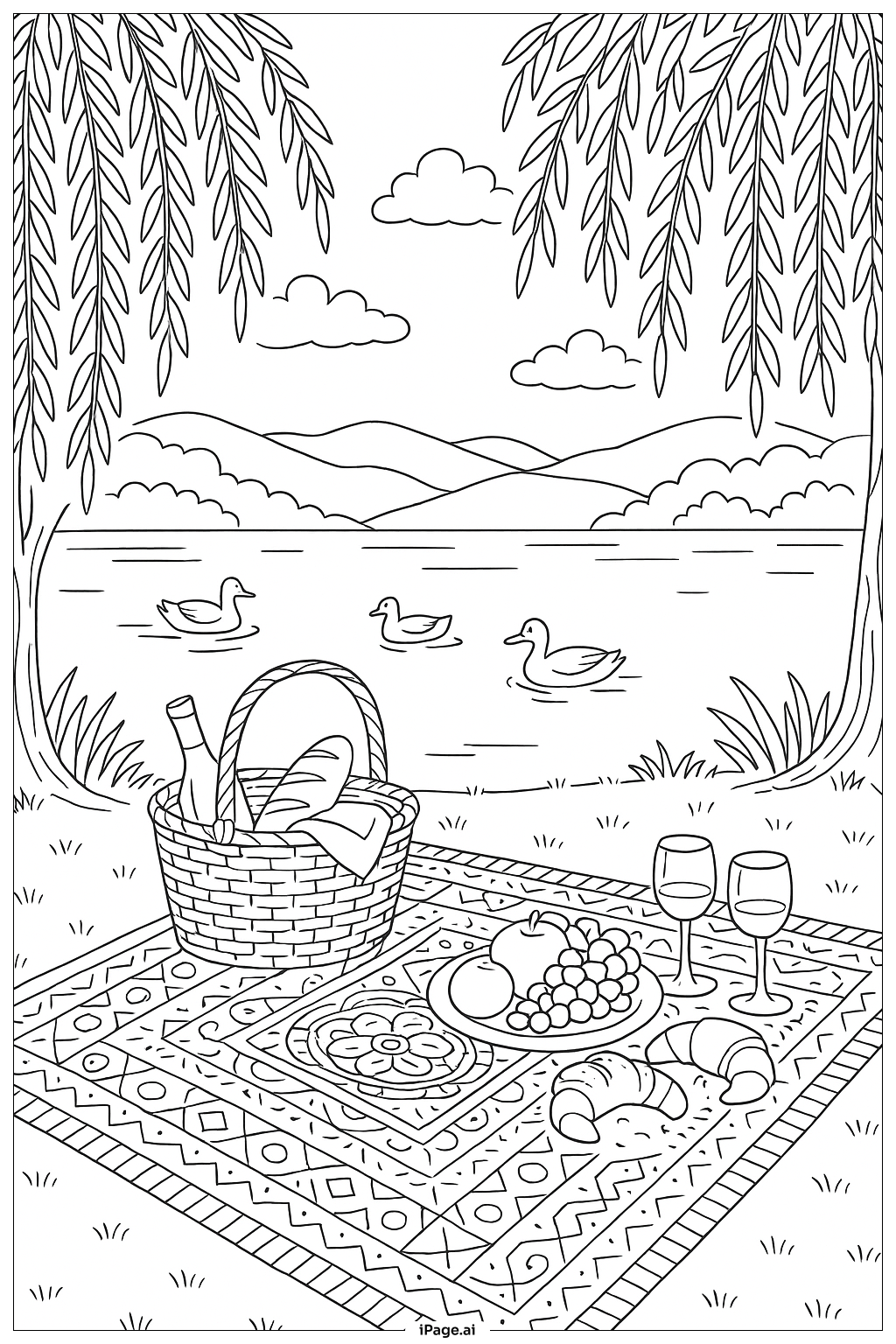  夏日湖畔野餐填色页 
