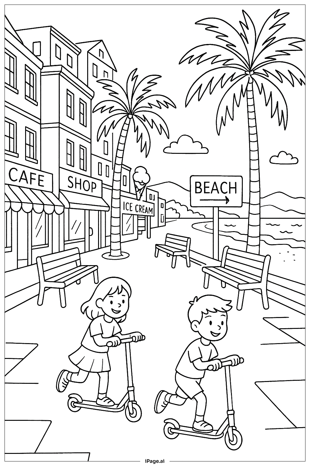 夏日海滨散步填色页