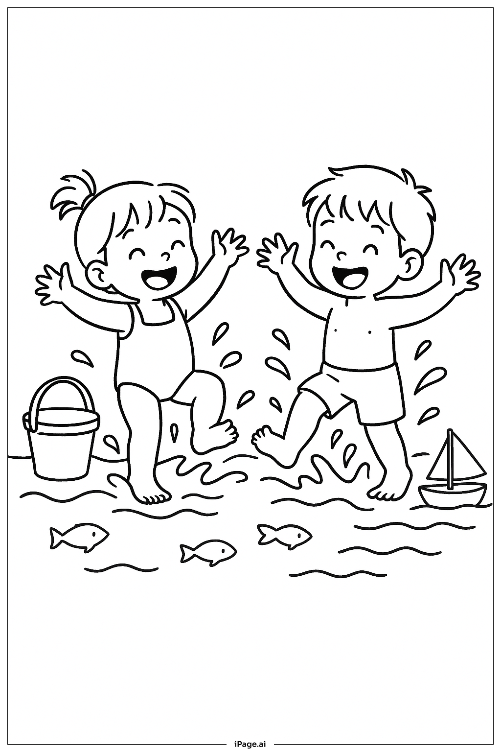  夏日嬉水乐填色页 