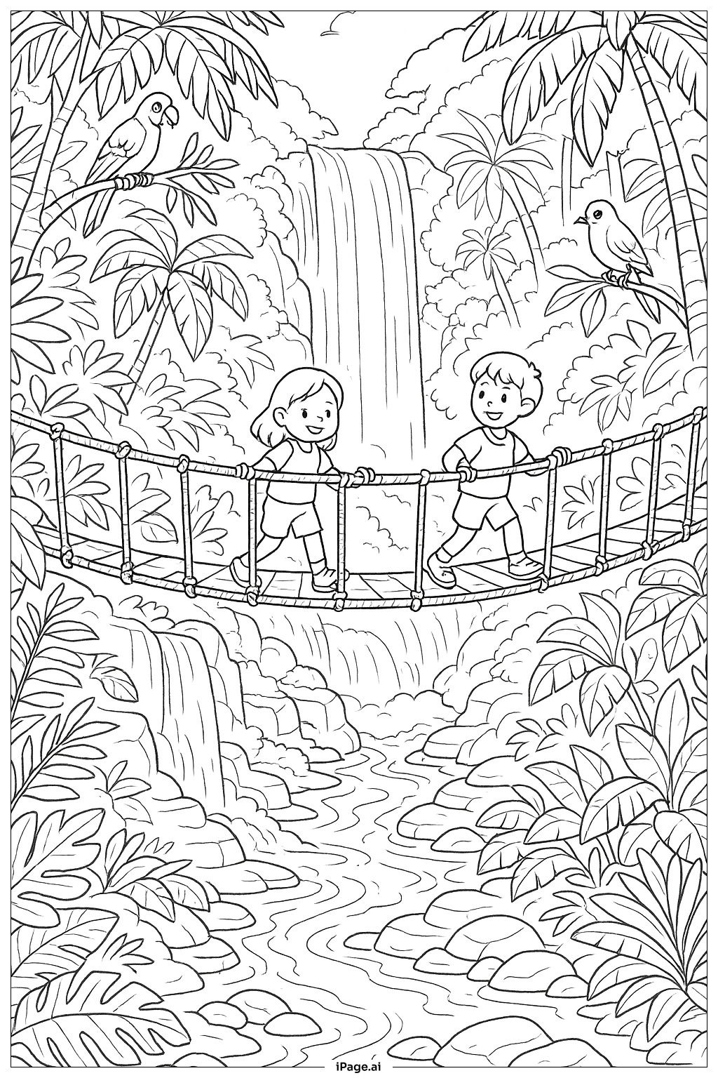  夏日瀑布徒步填色页 