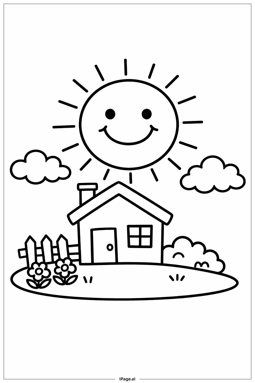  Page de coloriage Soleil au-dessus d'une maison 