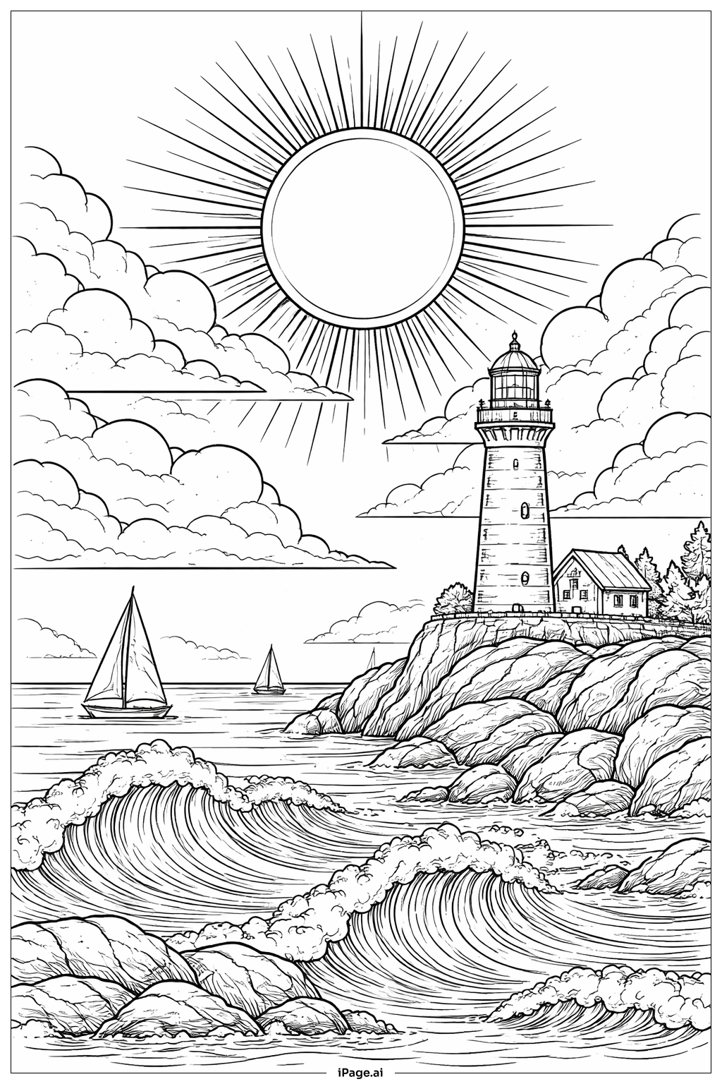  灯台沿岸の太陽の塗り絵ページ 