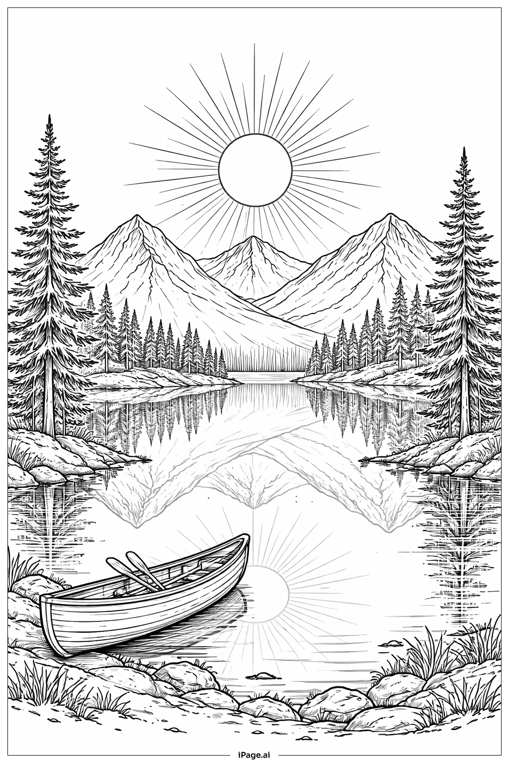  山の湖の上の太陽の塗り絵ページ 