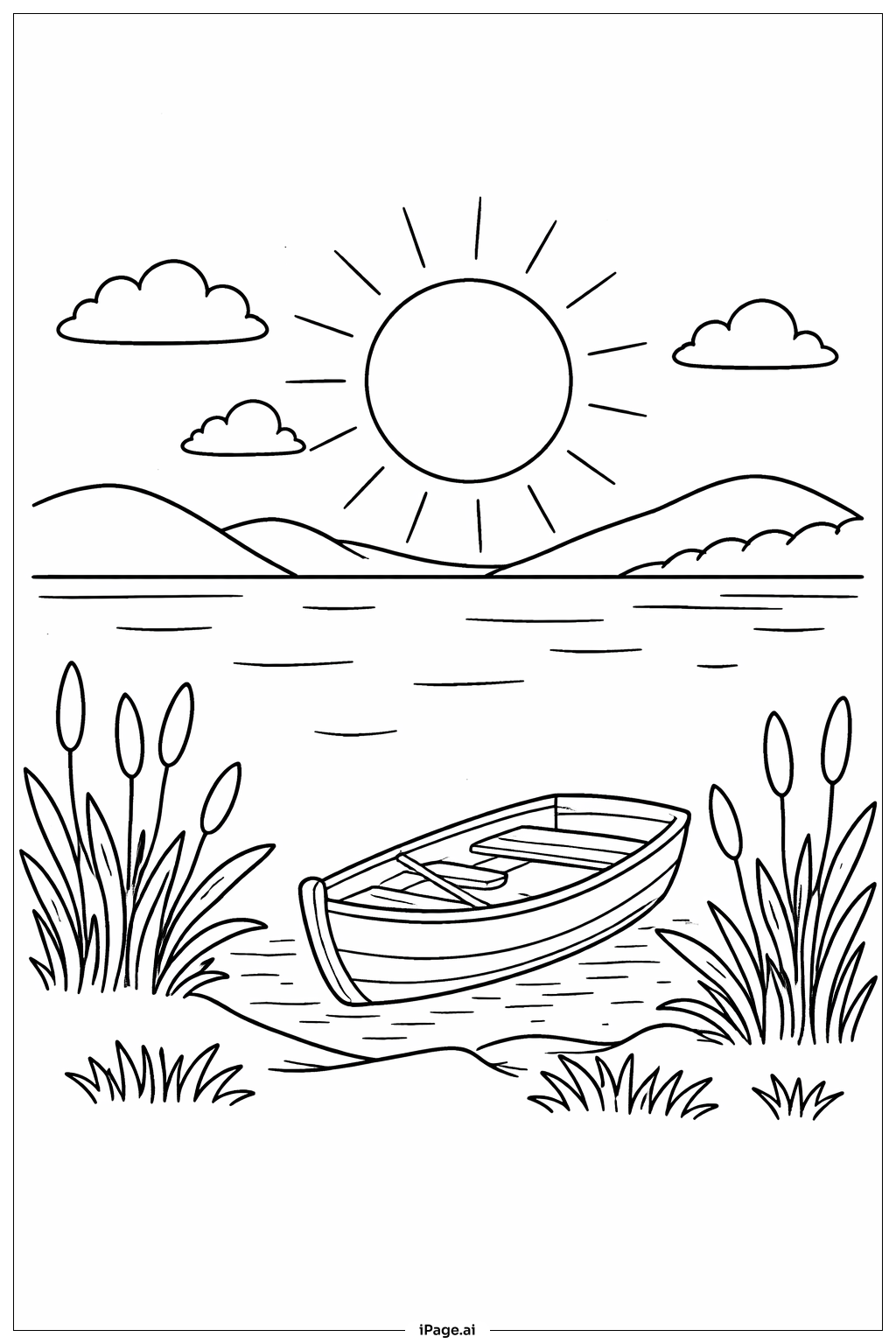  Page de coloriage Soleil au-dessus d'un lac tranquille 