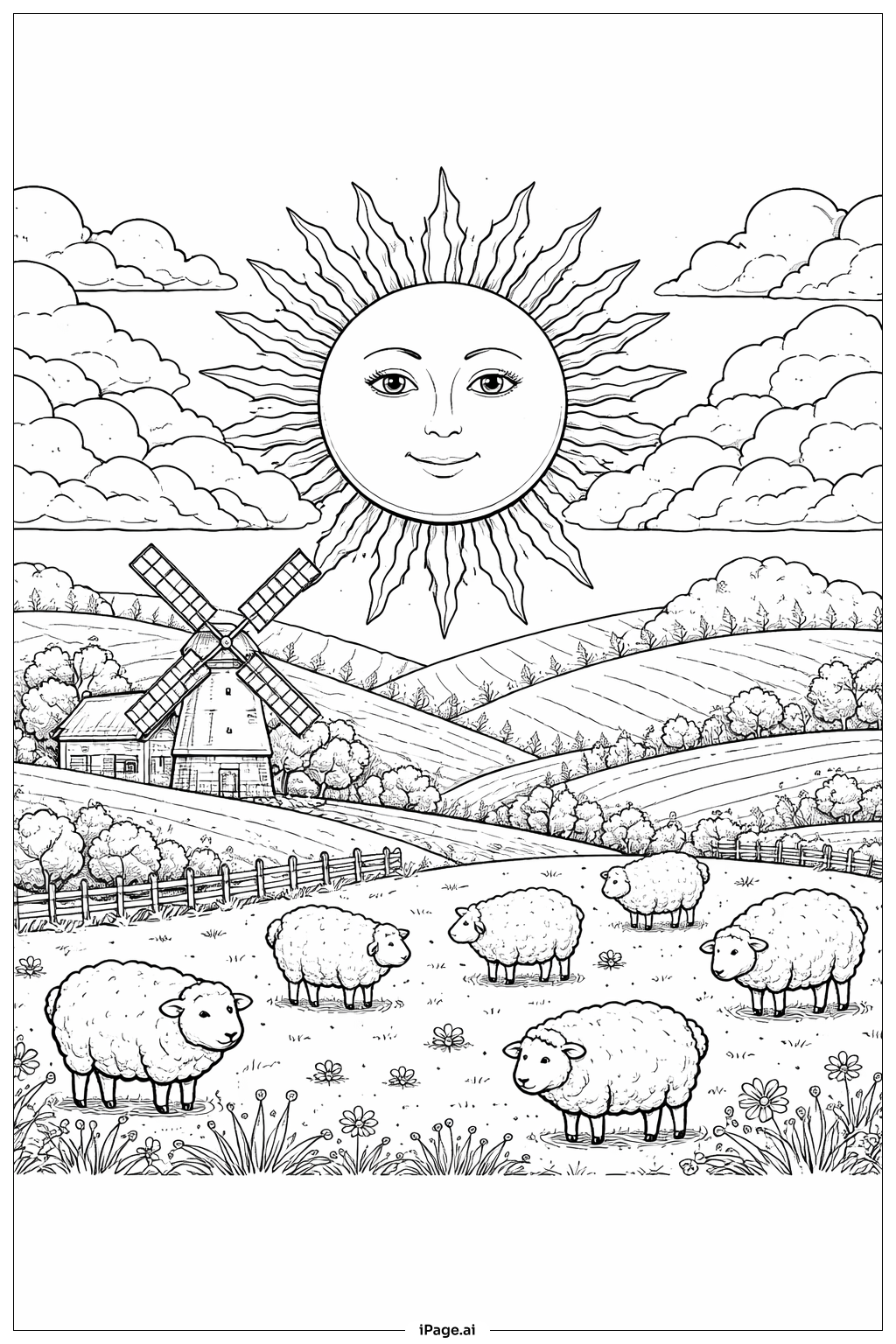 Page de coloriage Soleil au-dessus des collines ondulantes
