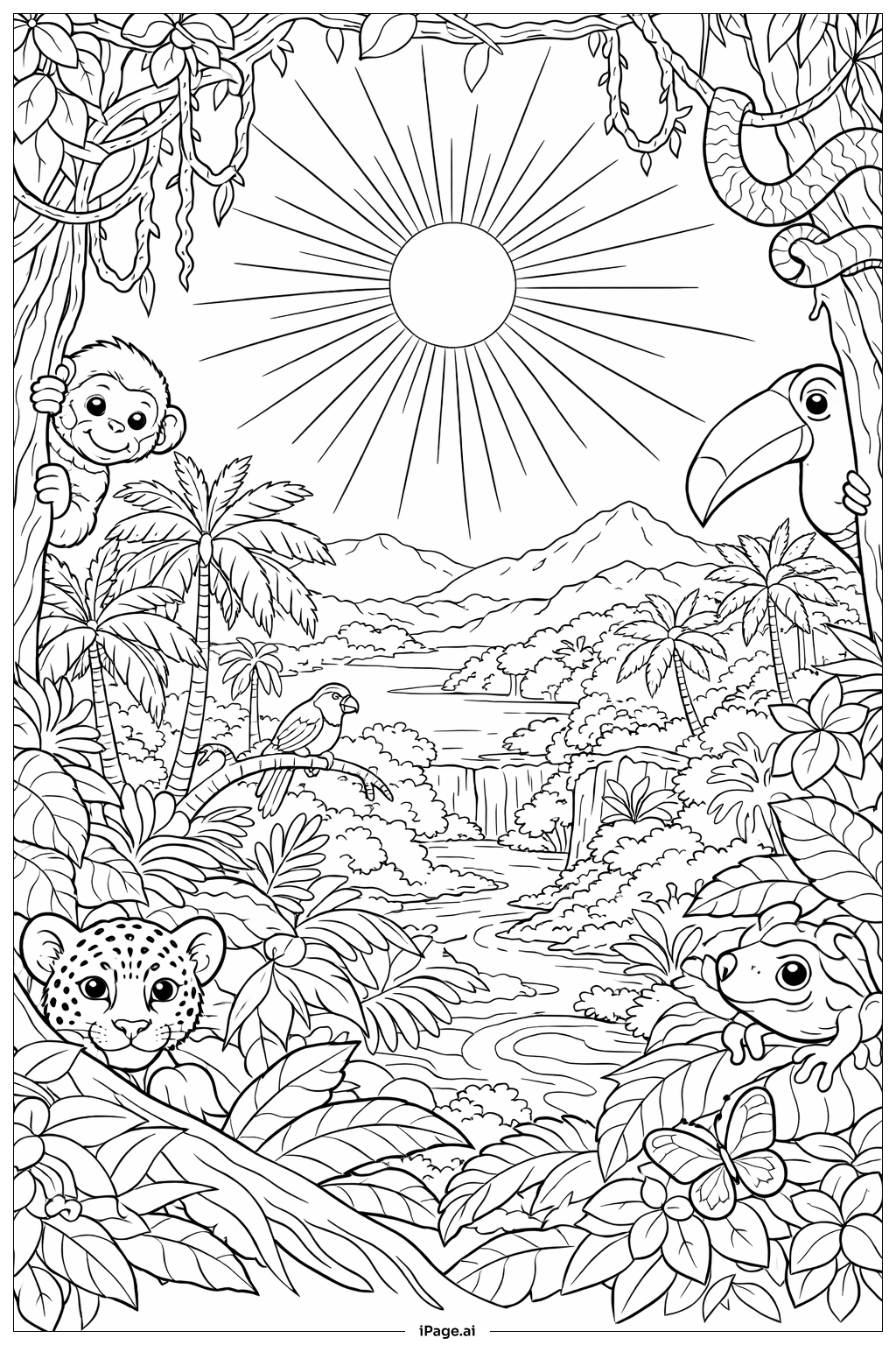  熱帯ジャングルの上の太陽の塗り絵ページ 