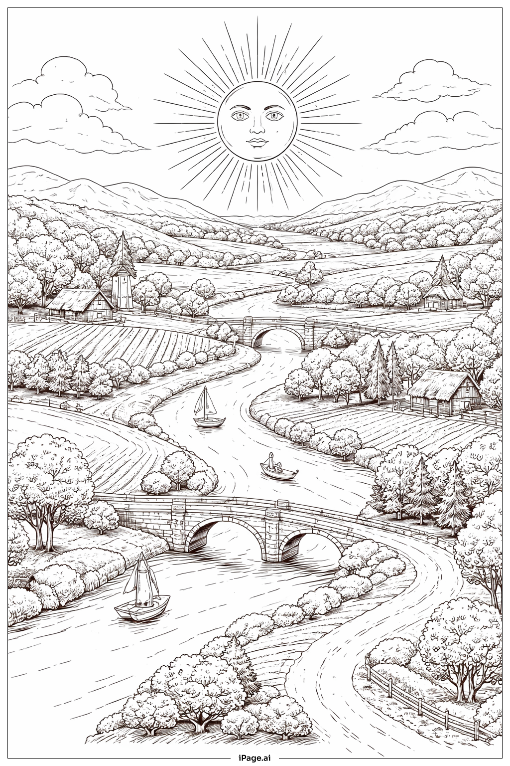  曲がりくねった川の上の太陽の塗り絵ページ 