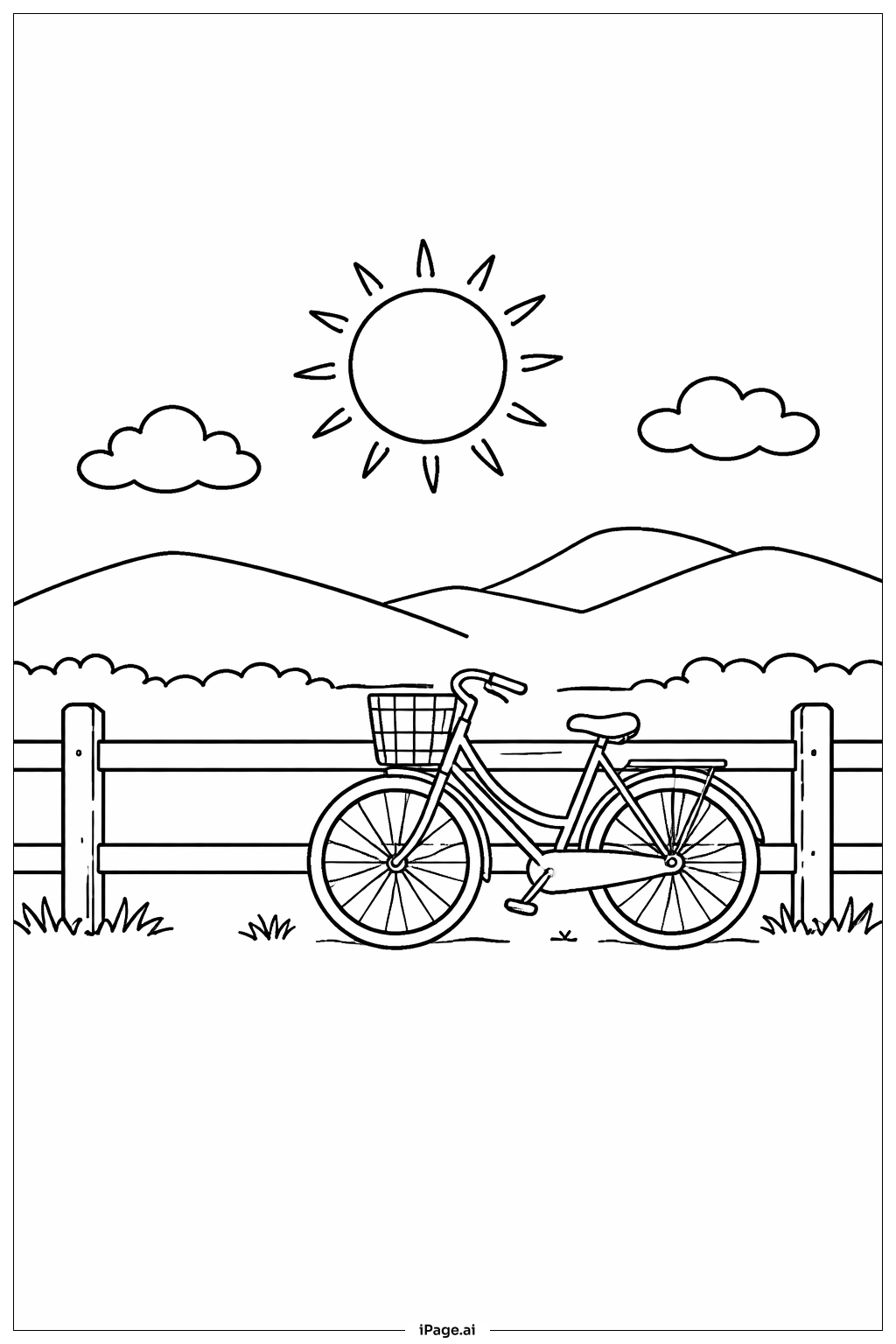  Page de coloriage Soleil et Vélo sur la Clôture 