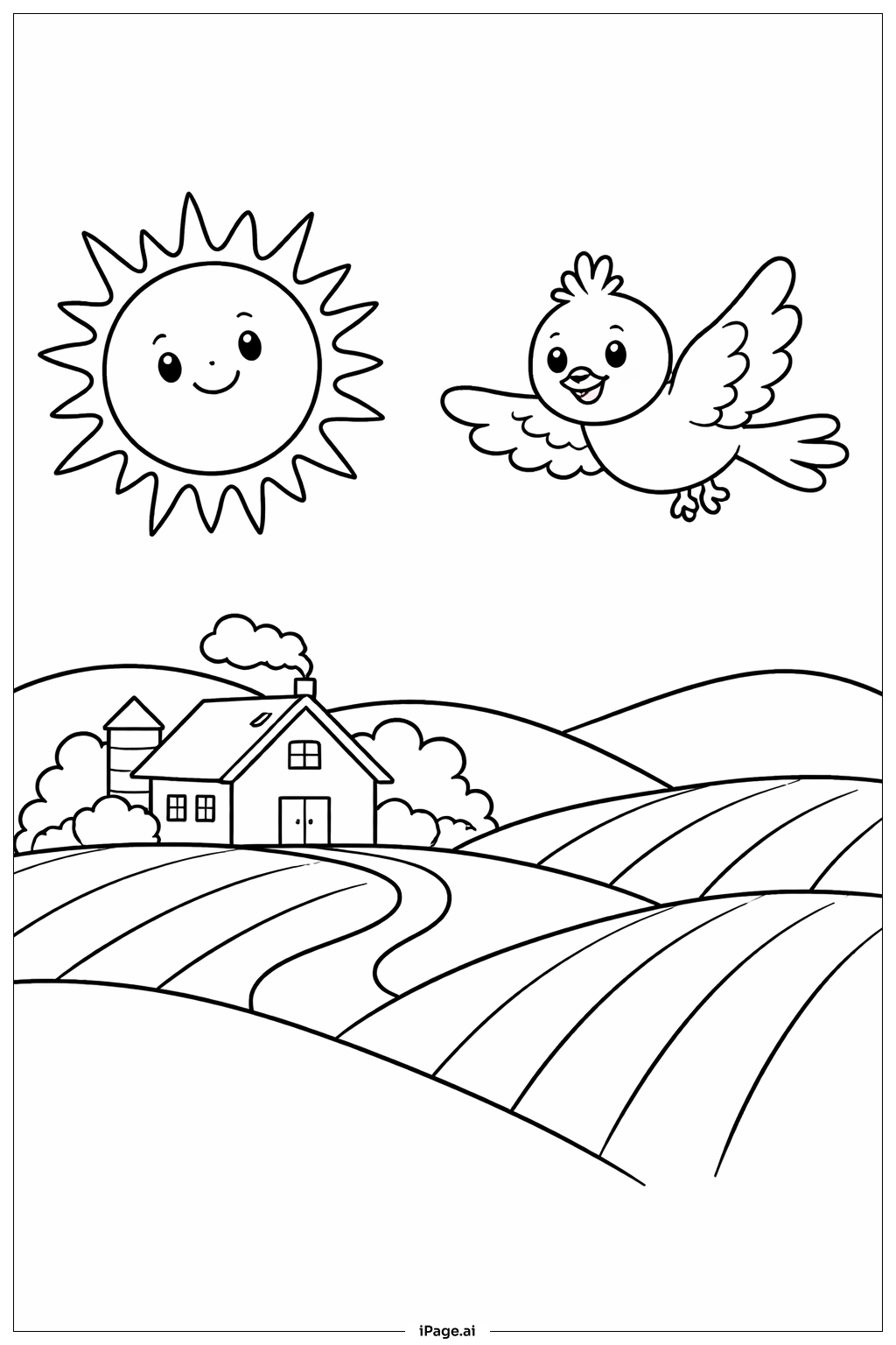  Page de coloriage Soleil et oiseau en vol 