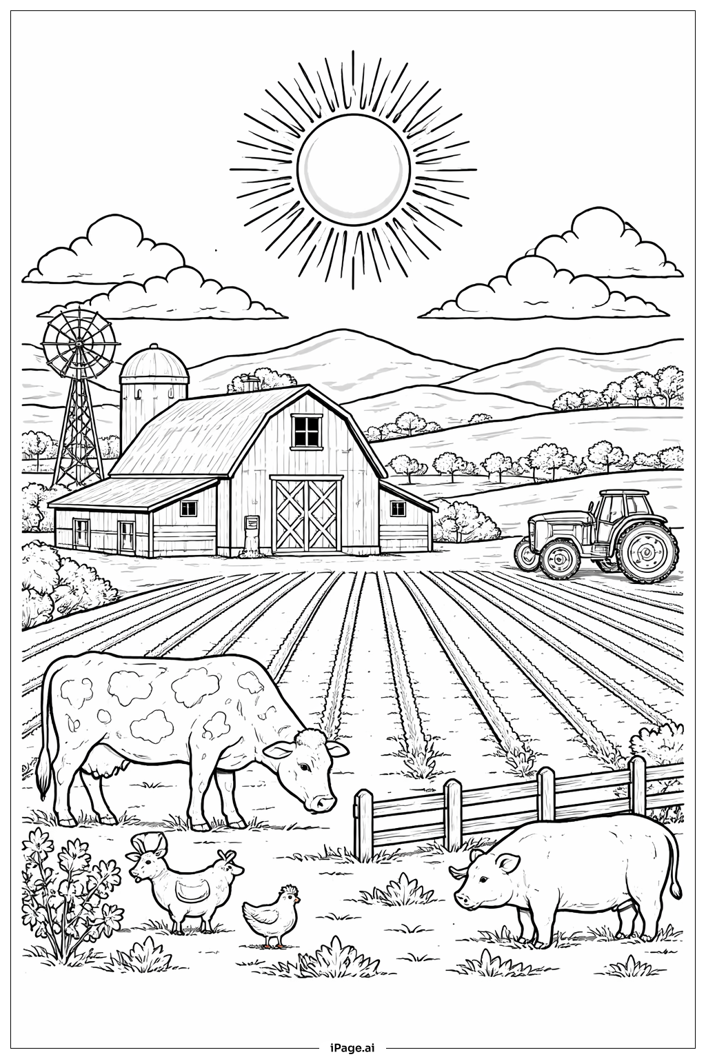  忙しい農場の太陽の塗り絵ページ 